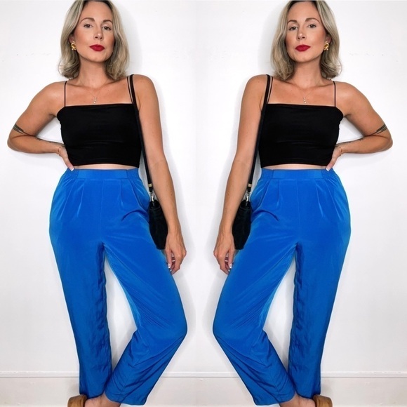 💫 VINTAGE | Cobalt Blue Sheen Parachute High Rise Pleated Tapered Leg Trousers - Picture 1 of 6